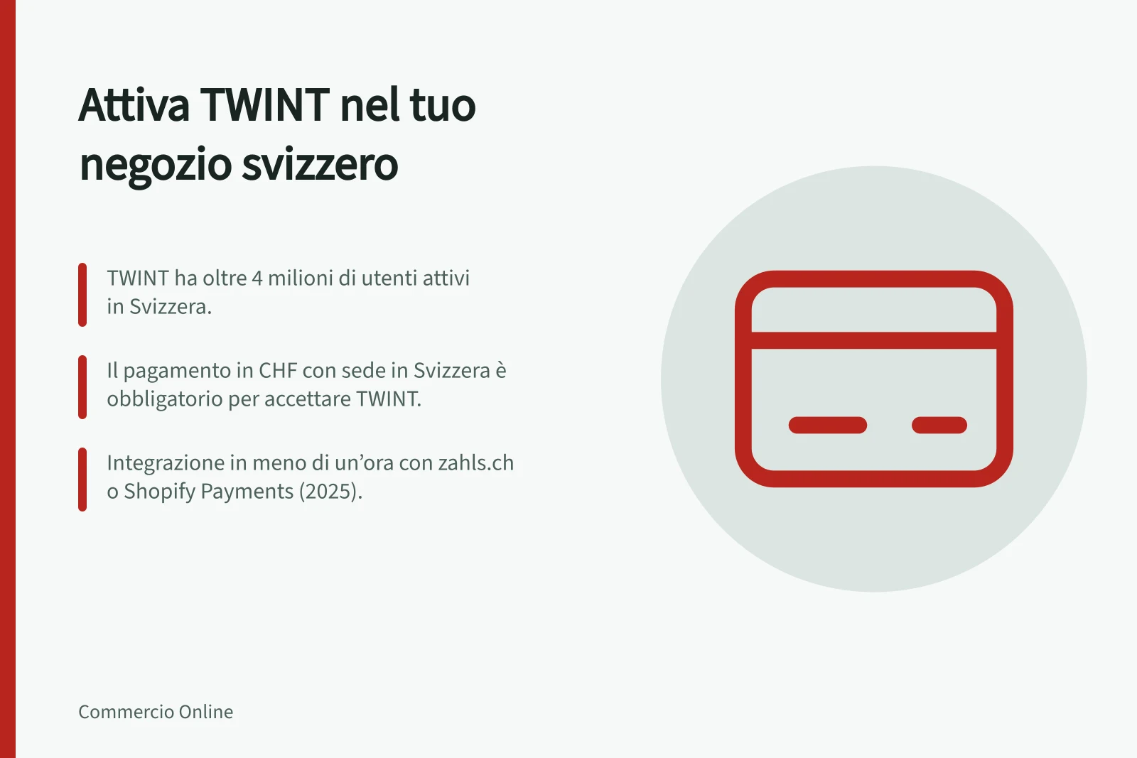 Attiva TWINT nel tuo negozio svizzero: TWINT ha oltre 4 milioni di utenti attivi in Svizzera.; Il pagamento in CHF con sede in Svizzera è obbligatorio per accettare TWINT.; Integrazione in meno di un’ora con zahls.ch o Shopify Payments (2025).