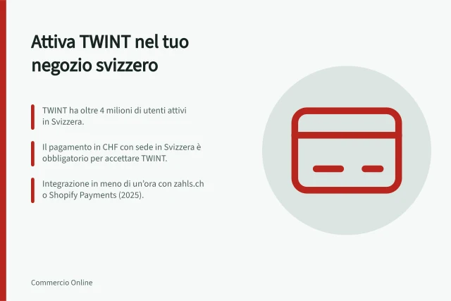 Attiva TWINT nel tuo negozio svizzero: TWINT ha oltre 4 milioni di utenti attivi in Svizzera.; Il pagamento in CHF con sede in Svizzera è obbligatorio per accettare TWINT.; Integrazione in meno di un’ora con zahls.ch o Shopify Payments (2025). Come attivare TWINT in un negozio online svizzero
