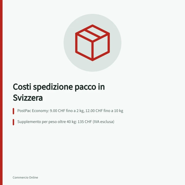 Costi spedizione pacco in Svizzera: PostPac Economy: 9.00 CHF fino a 2 kg, 12.00 CHF fino a 10 kg; Supplemento per peso oltre 40 kg: 135 CHF (IVA esclusa); Peso volumetrico può raddoppiare il costo effettivo. Costi di spedizione di un pacco in Svizzera per un negozio online
