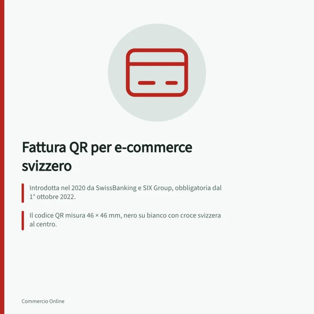 Fattura QR per e-commerce svizzero: Introdotta nel 2020 da SwissBanking e SIX Group, obbligatoria dal 1° ottobre 2022.; Il codice QR misura 46 × 46 mm, nero su bianco con croce svizzera al centro.; Dal 21 novembre 2025 obbligo di indirizzo strutturato (via, numero, NPA, località). Fattura con QR nell'e-commerce svizzero: come funziona