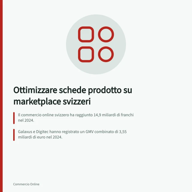 Ottimizzare schede prodotto su marketplace svizzeri: Il commercio online svizzero ha raggiunto 14,9 miliardi di franchi nel 2024.; Galaxus e Digitec hanno registrato un GMV combinato di 3,55 miliardi di euro nel 2024.; La Svizzera non applica dazi d'importazione se l'imposta è inferiore a CHF 5. Ottimizzare le schede prodotto sui marketplace svizzeri