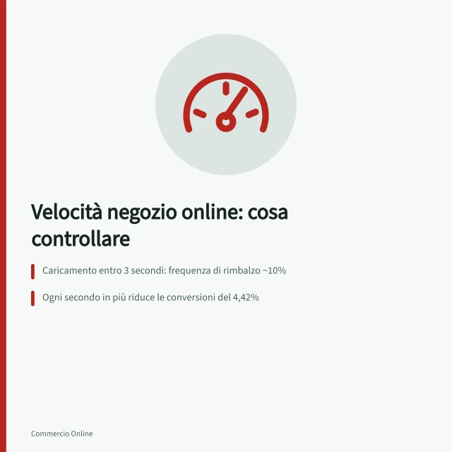Velocità negozio online: cosa controllare: Caricamento entro 3 secondi: frequenza di rimbalzo ~10%; Ogni secondo in più riduce le conversioni del 4,42%; Test su mobile, 3G/4G e dispositivi diversi per dati reali. Velocità e prestazioni del negozio online: cosa controllare