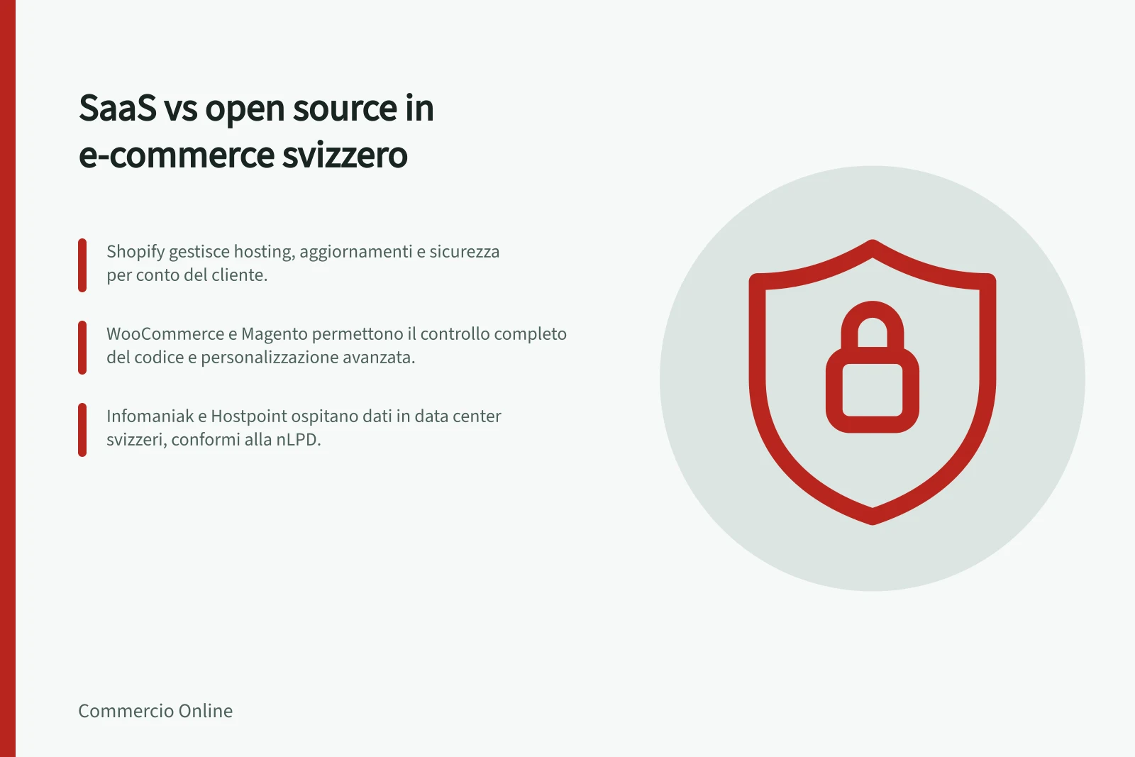 SaaS vs open source in e-commerce svizzero: Shopify gestisce hosting, aggiornamenti e sicurezza per conto del cliente.; WooCommerce e Magento permettono il controllo completo del codice e personalizzazione avanzata.; Infomaniak e Hostpoint ospitano dati in data center svizzeri, conformi alla nLPD.