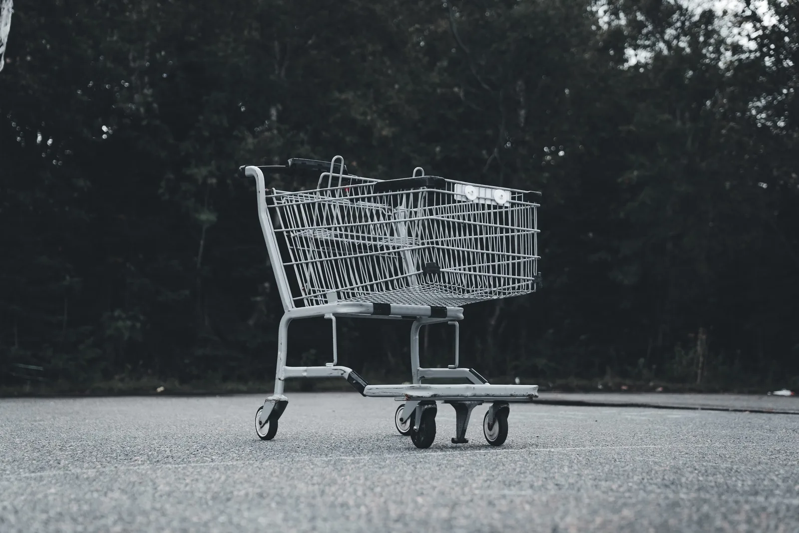 A lone shopping cart sits abandoned on a deserted street with a dark forest backdrop.