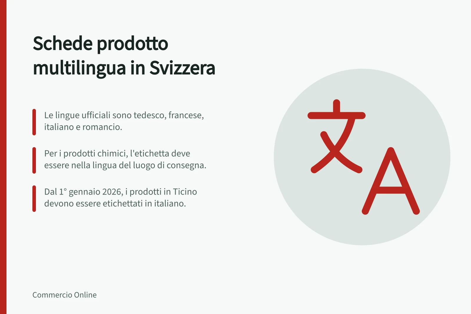 Schede prodotto multilingua in Svizzera: Le lingue ufficiali sono tedesco, francese, italiano e romancio.; Per i prodotti chimici, l'etichetta deve essere nella lingua del luogo di consegna.; Dal 1° gennaio 2026, i prodotti in Ticino devono essere etichettati in italiano.